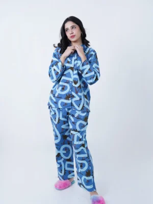 Blue Cotton Beech Printed PJ Set for Women