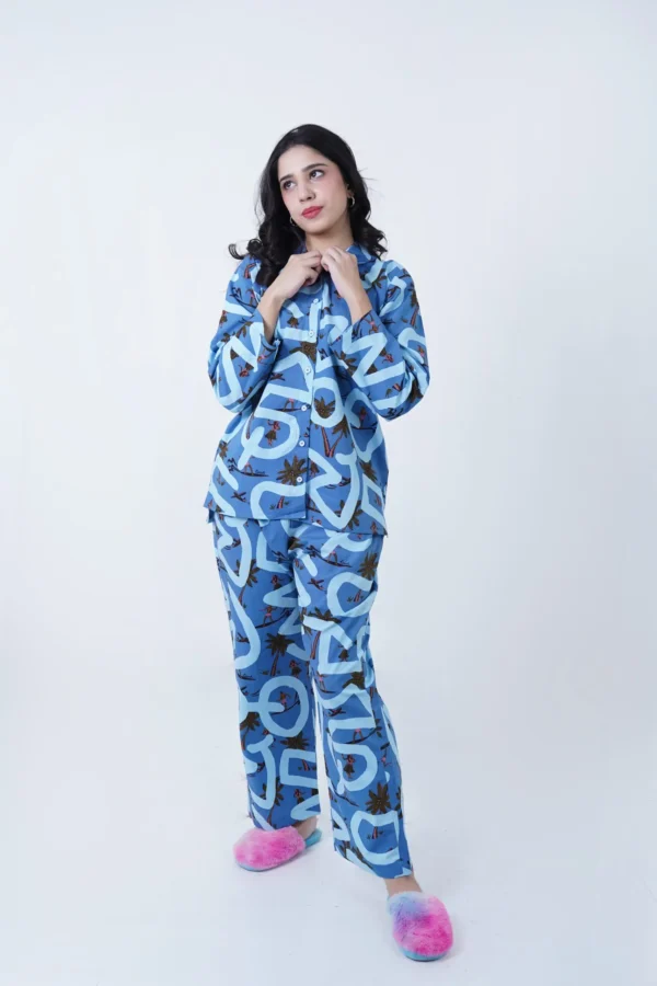 Blue Cotton Beech Printed PJ Set for Women