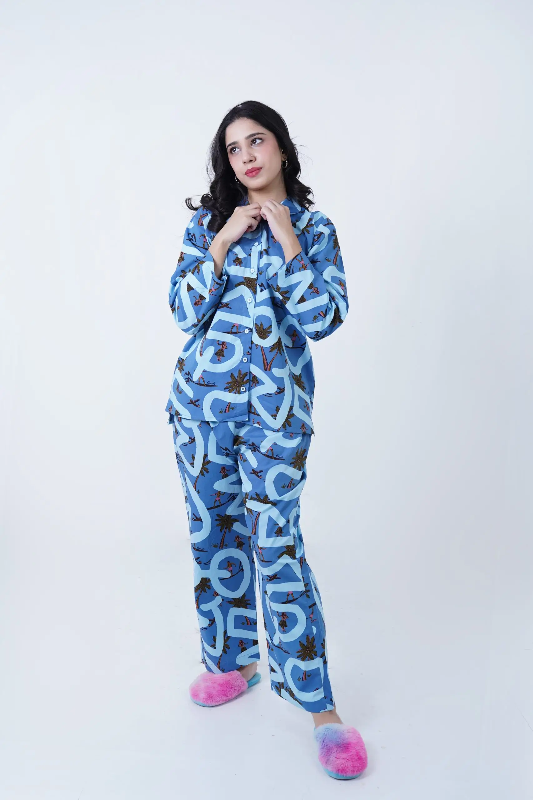 Blue Cotton Beech Printed PJ Set for Women